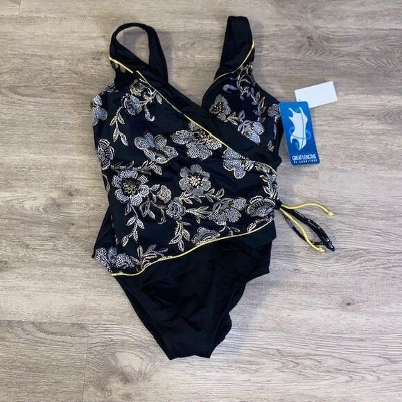 Great Lengths Longitude Size 14 Black Floral Tassel Surplice Swimsuit NWT - Picture 1 of 4